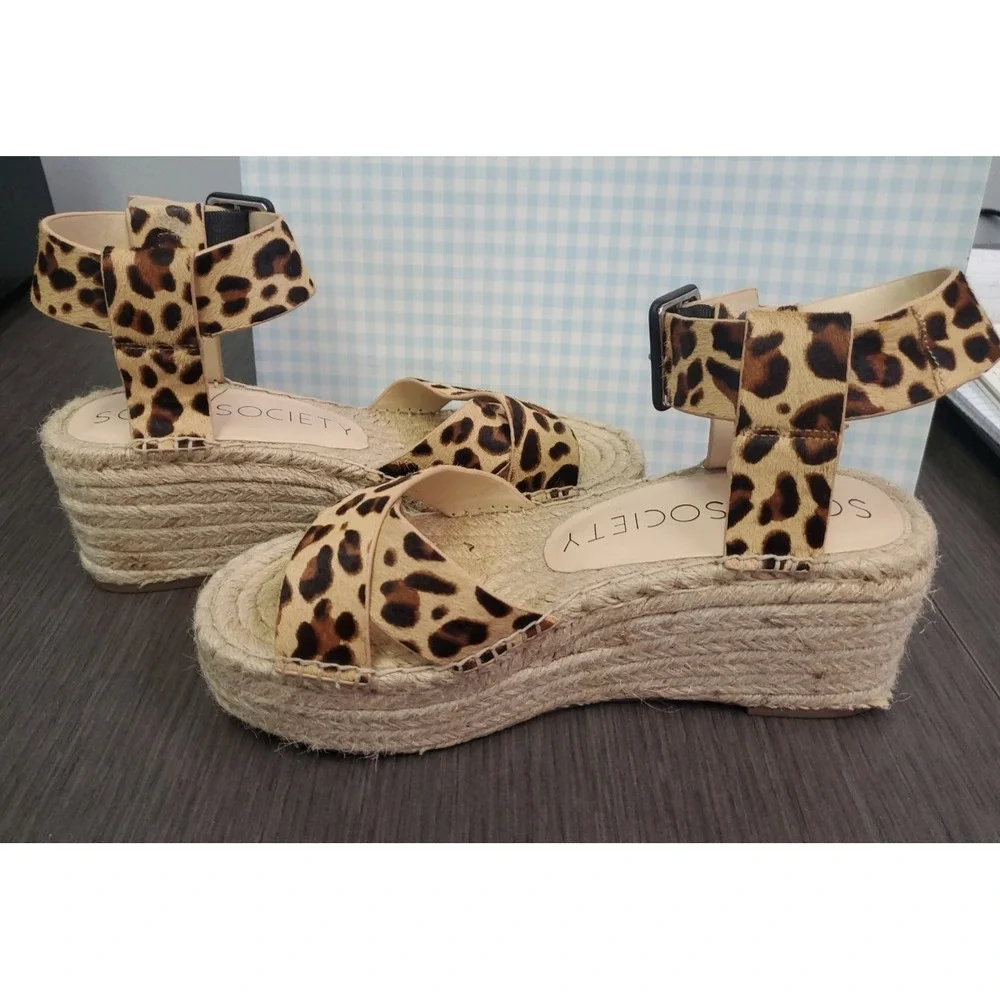 Sole Society Womens Audrina Platform Espadrille Sandals Sz 7.5 Calf Hair Leopard